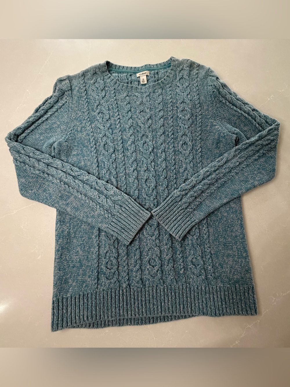 L.L. Bean Double L Mixed Cable Knit Crewneck Sweater Teal Blue Marled Cotton M